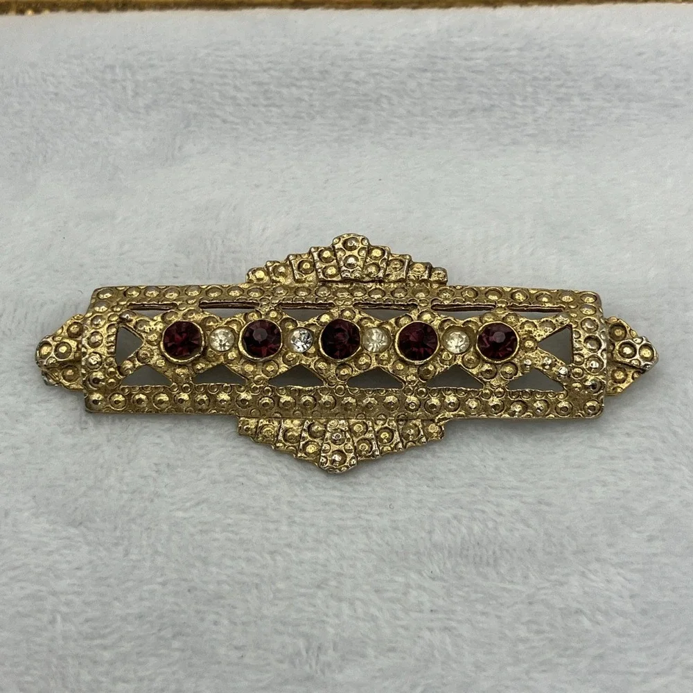 Art Deco Clear Red Rhinestones Bar Brooch Gold Tone Great Gatsby Flapper Glamour